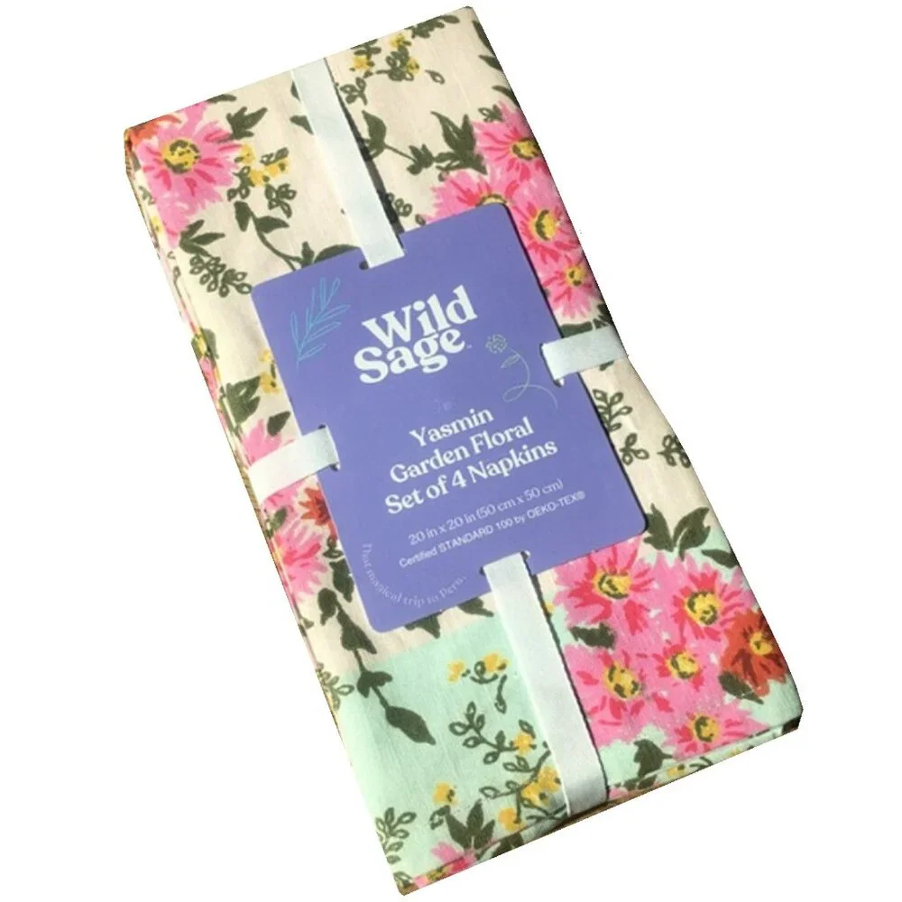 new Set of 8 Wild Sage Pink Garden Floral 100% Cotton 20x20-inch Fabric Napkins